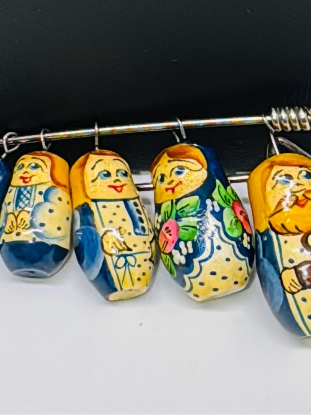 Hand-Painted Matryoshka Doll Charm Brooch - Blue & Yellow. Russian.